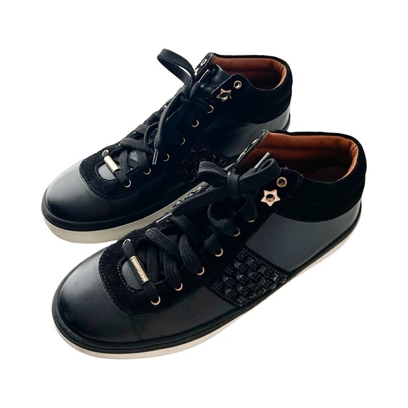 JIMMY CHOO Black Leather and Crystal Studded Suede Bells Lace Up Sneakers Sz 9.5 - Picture 2 of 7